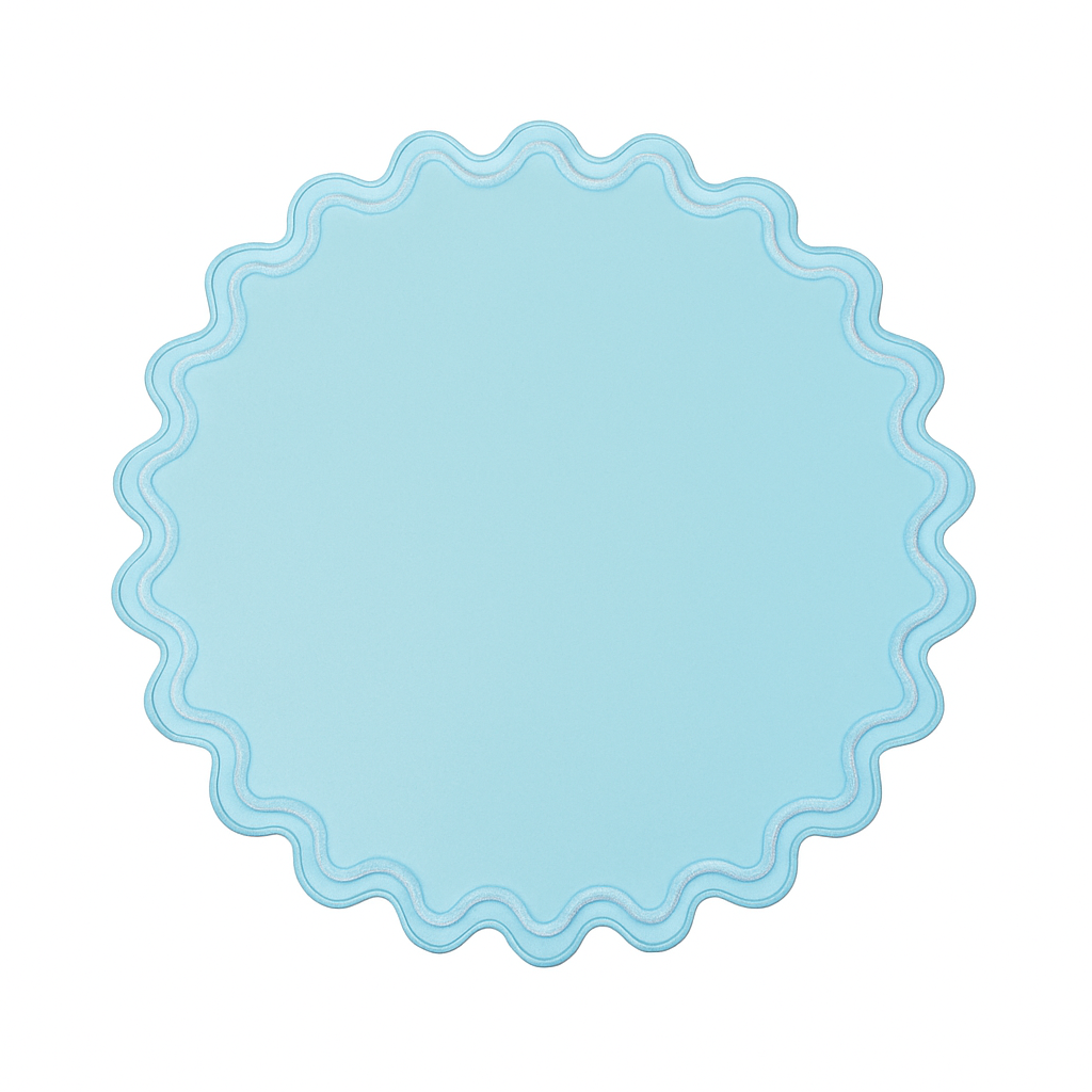 Solace light blue scalloped faux leather placemat with wavy edge styled for an elegant modern table setting by PNRDECOR ship from USA