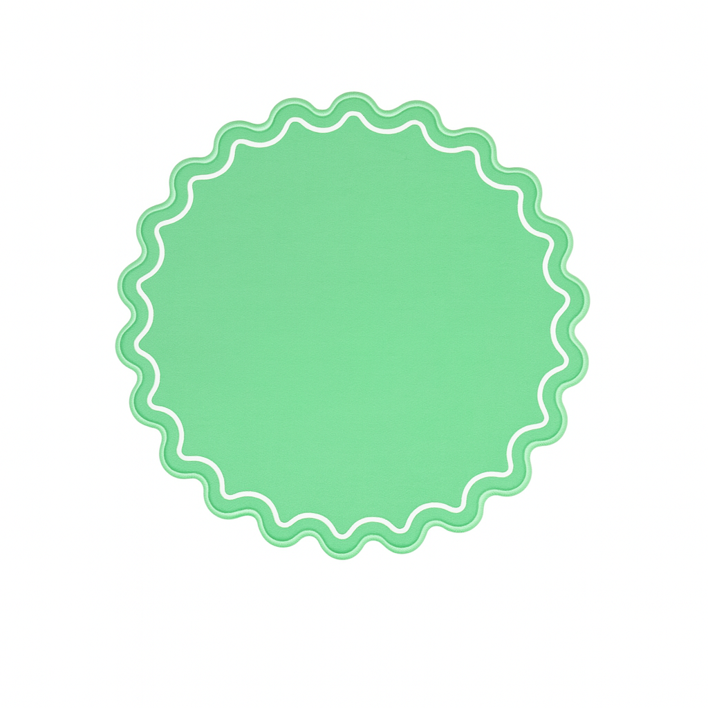Solace light green scalloped faux leather placemat with wavy edge styled for an elegant modern table setting by PNRDECOR ship from USA
