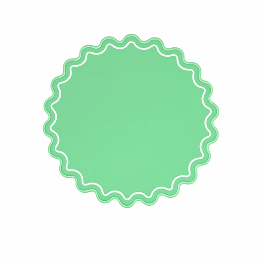 Solace light green scalloped faux leather placemat with wavy edge styled for an elegant modern table setting by PNRDECOR ship from USA