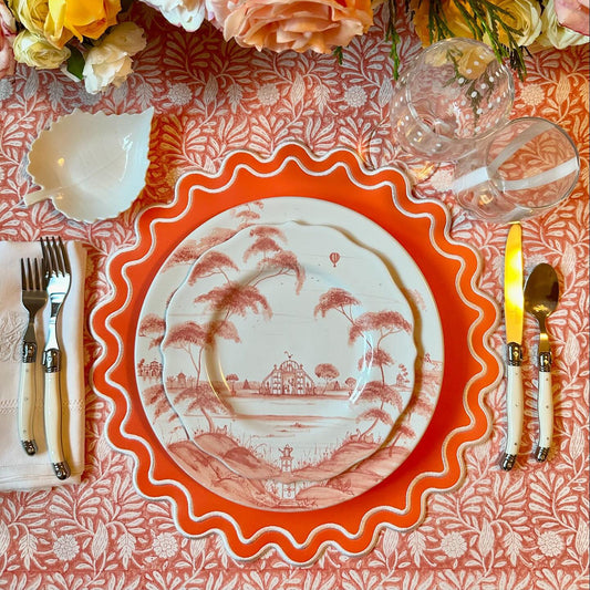 Solace orange and white faux leather scalloped placemat with wavy edge styled for a modern table setting by PNRDECOR ship from USA