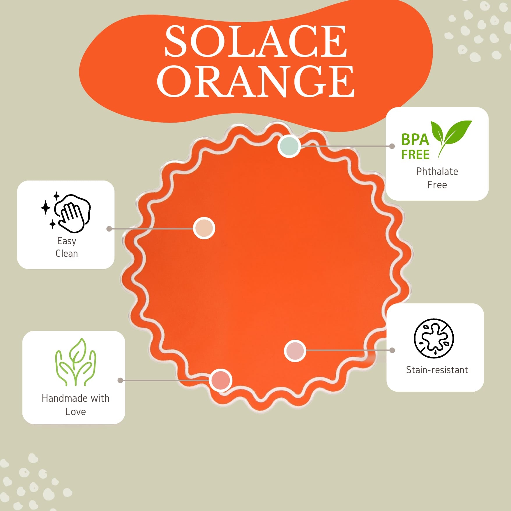 Spring garden party table decor featuring the smooth texture of the Solace orange scalloped placemat
