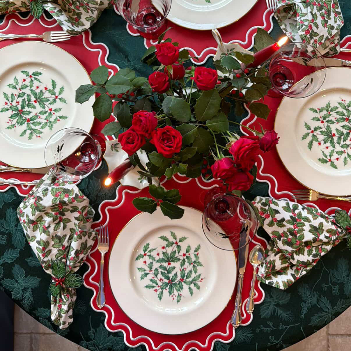 Solace red and white faux leather scalloped placemat styled for a Christmas table setting by PNRDECOR ship from USA