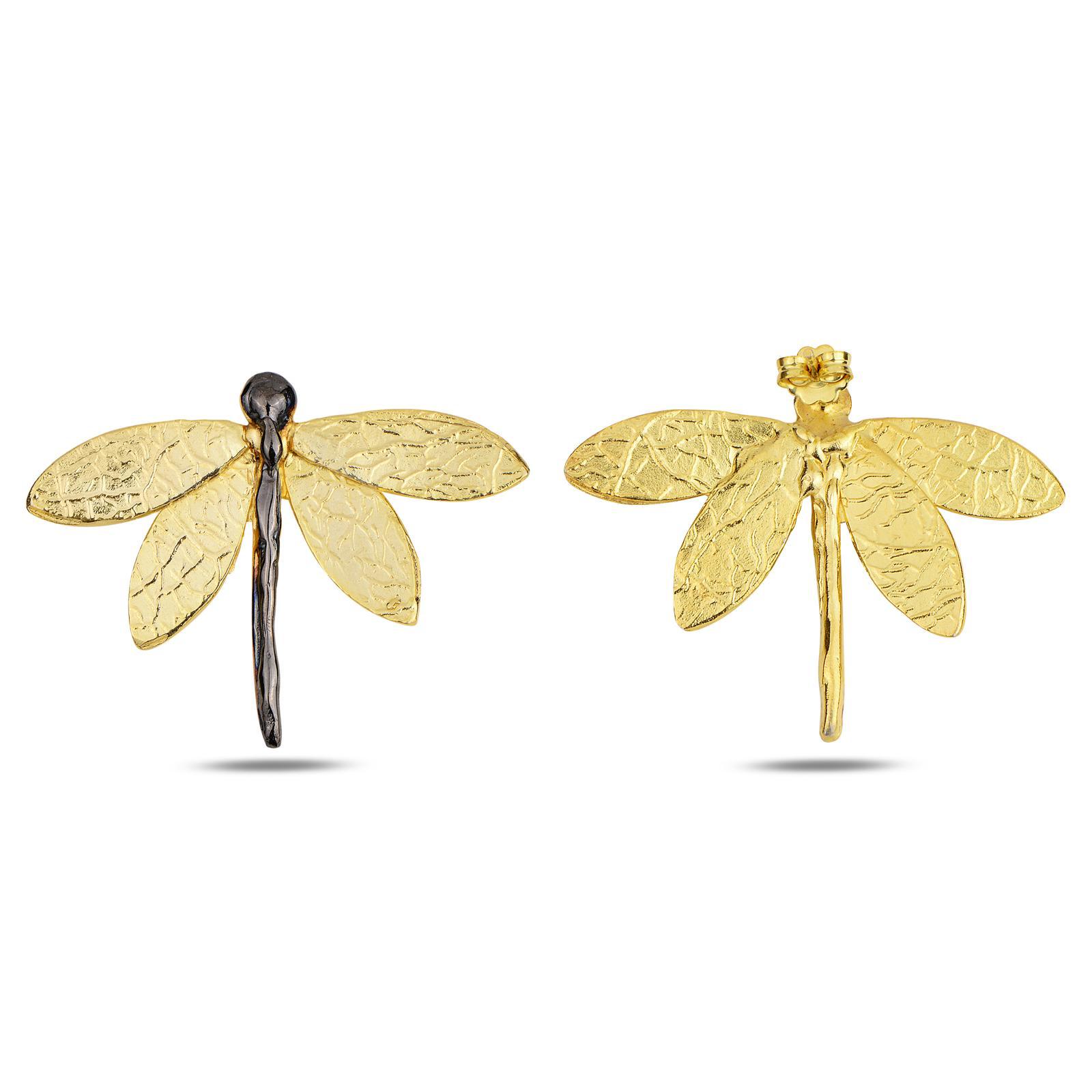 Front view of the 18K gold and dark silver dragonfly earrings, showcasing the striking color contrast and the elegant, symmetrical wingspan of the insect.