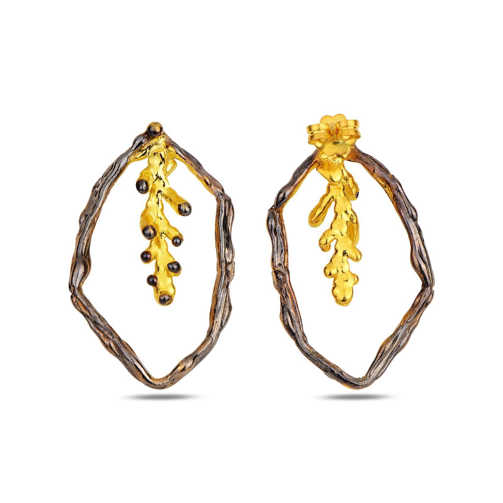 A pair of elegant, nature-inspired statement earrings crafted from authentic 925 sterling silver with 18K gold and dark rhodium plating, perfect for a unique botanical style.