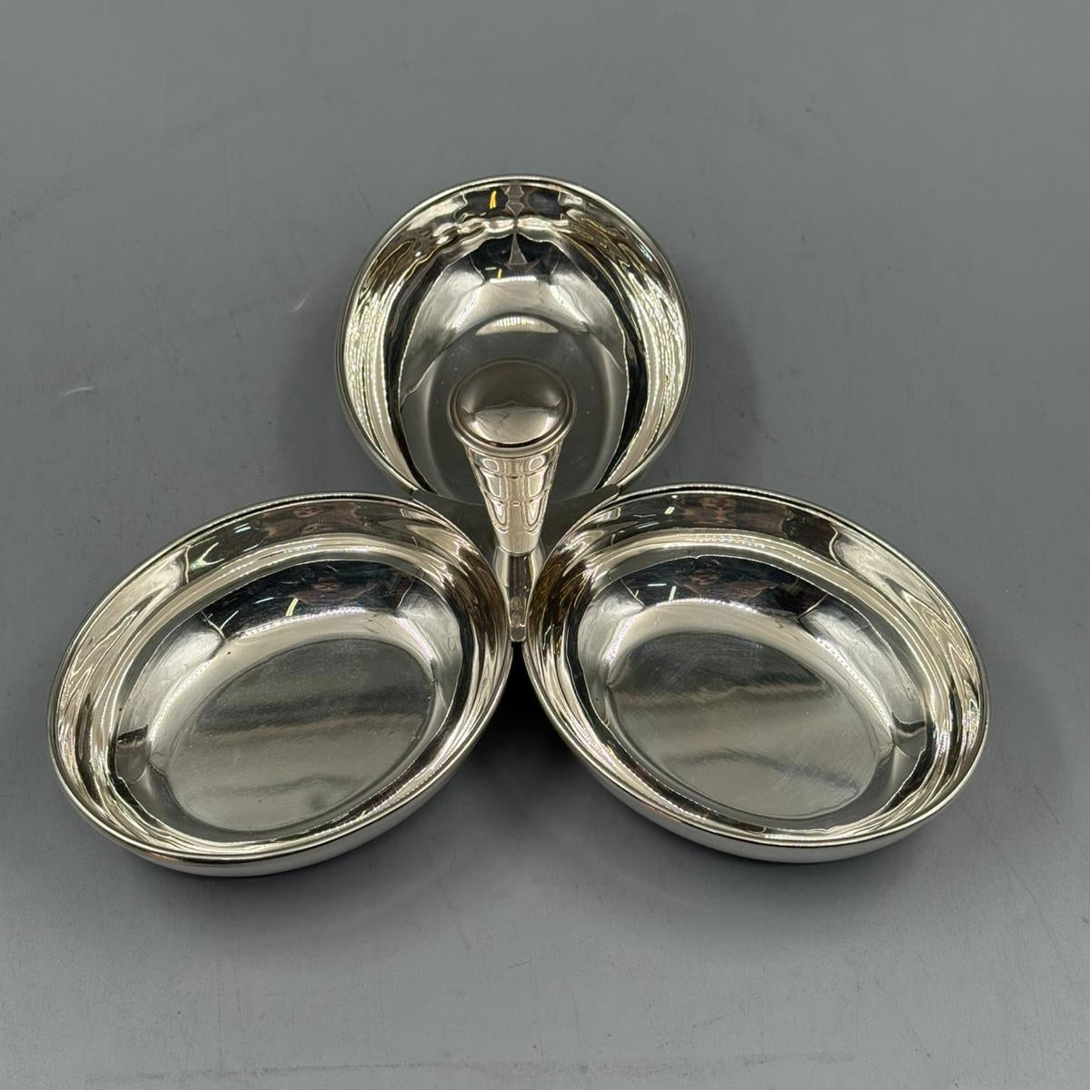 Three compartment polished metal snack bowl, ideal for serving candies and appetizers