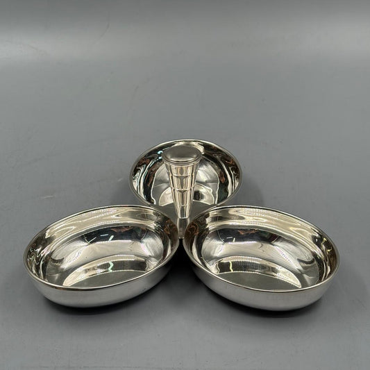 Triple bowl silver serving dish with center handle, perfect for nuts, snacks, and sweets
