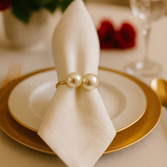 Front view of classic elegance twin pearl gold napkin ring featuring two pearls on a gold band.