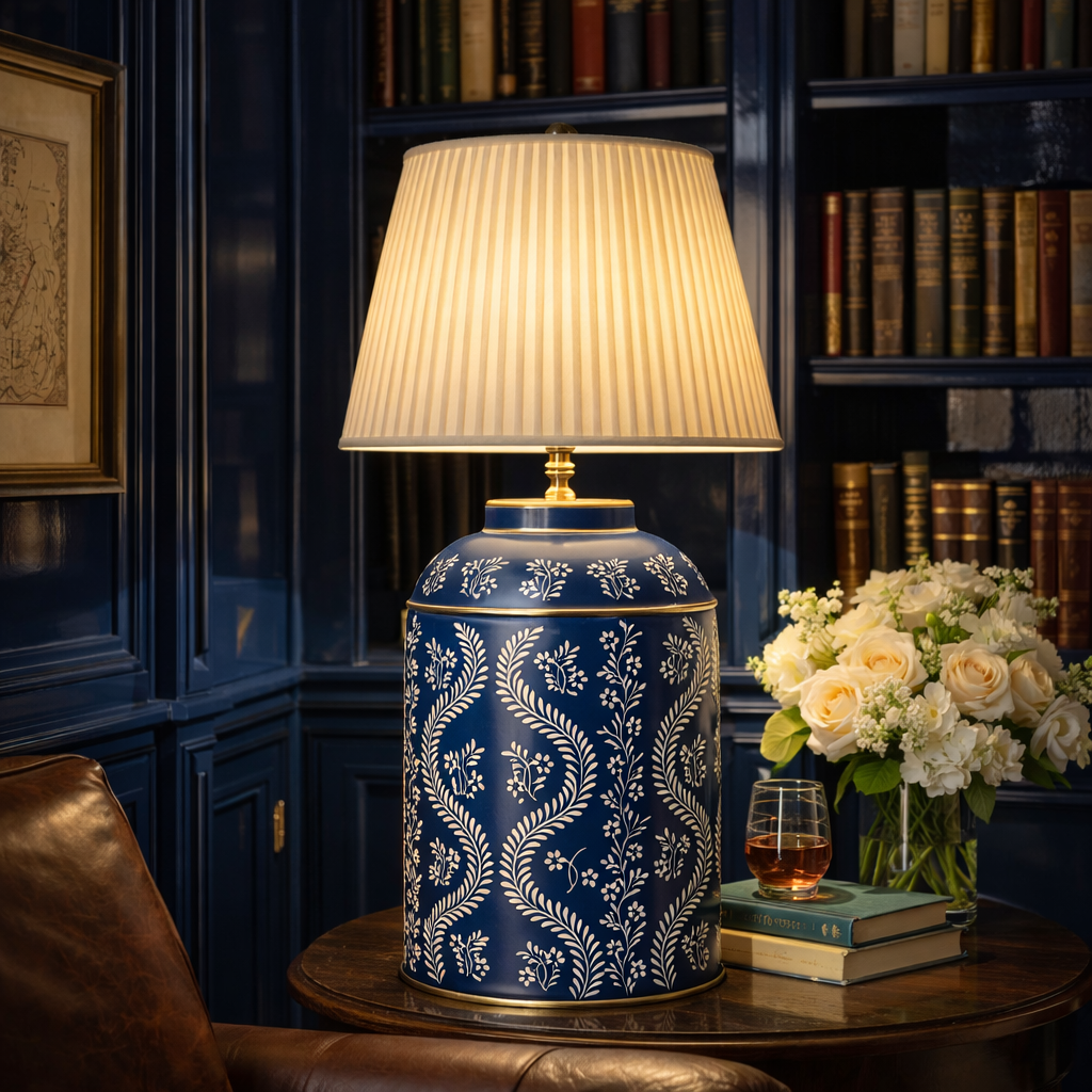 Navy Ikat Trellis Tea Caddy Lamp
