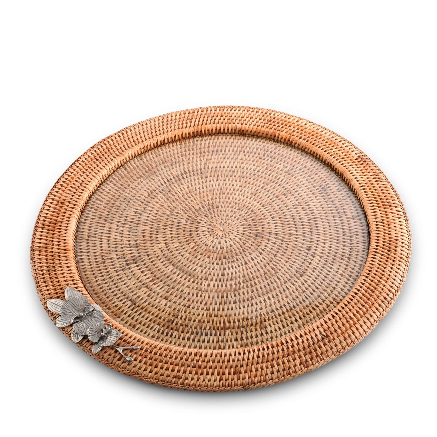 Orchid Round Serving Tray Hand Woven Wicker Rattan - Glass Insert