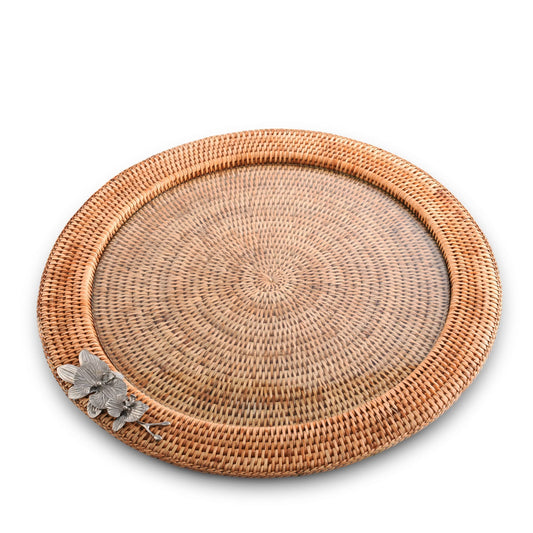 Orchid Round Serving Tray Hand Woven Wicker Rattan - Glass Insert