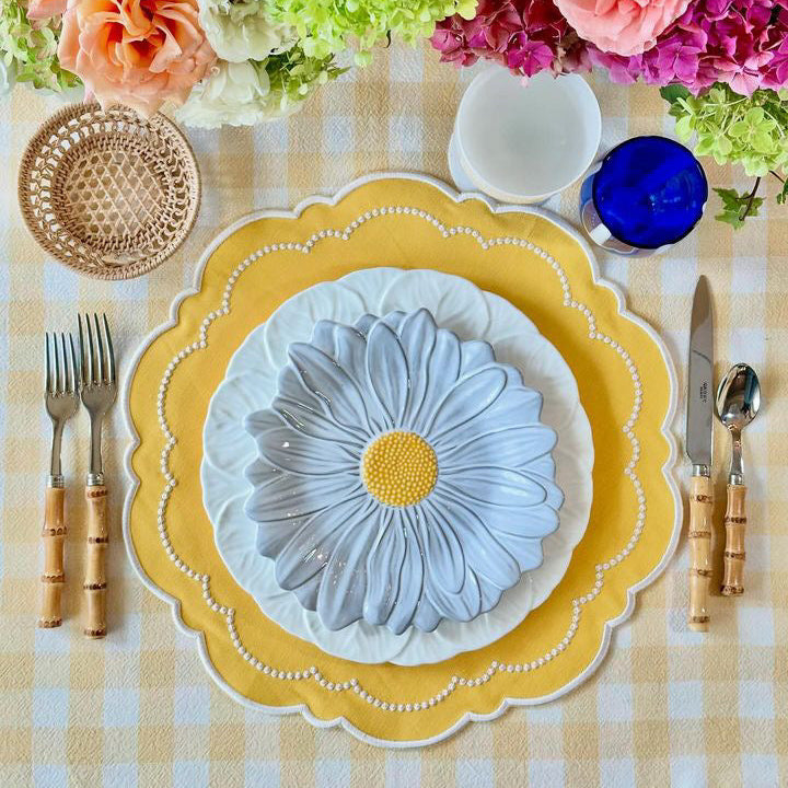 Velora yellow fabric placemat in a bright holiday table setting by PNRDECOR ship from USA