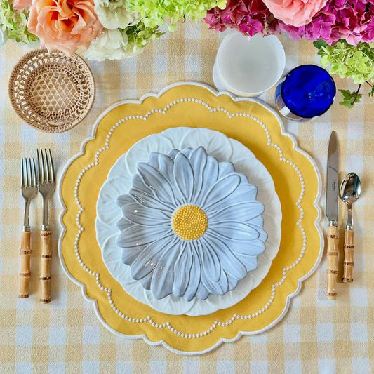 Velora yellow fabric placemat in a bright holiday table setting by PNRDECOR ship from USA