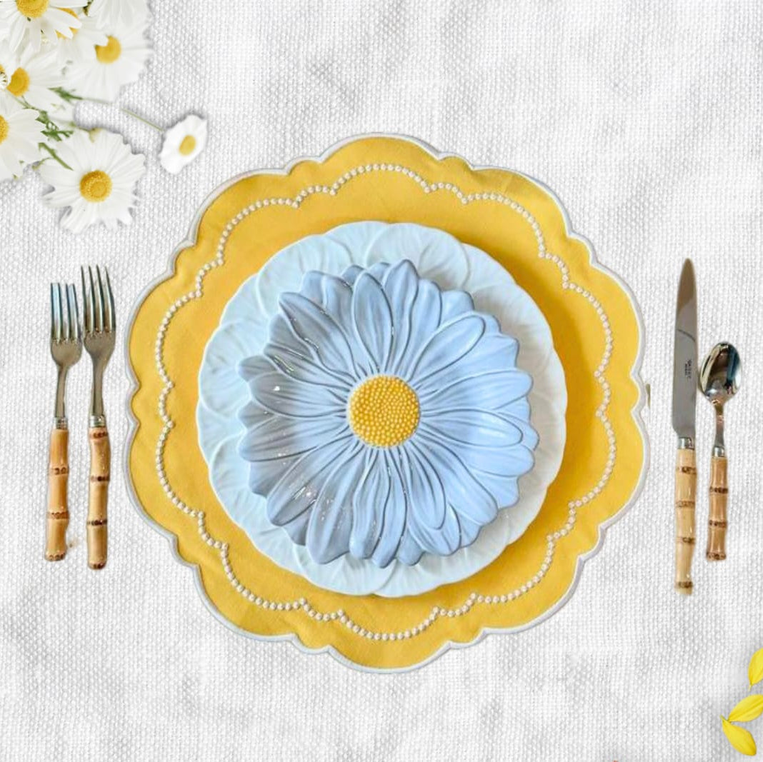 Velora yellow holiday table placemat arranged with plates for seasonal styling by PNRDECOR ship from USA
