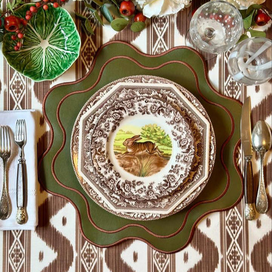 Haven Dark Green Wavy Edge Placemat – elegant design made from waterproof and durable vegan leather with exquisite embroidery.