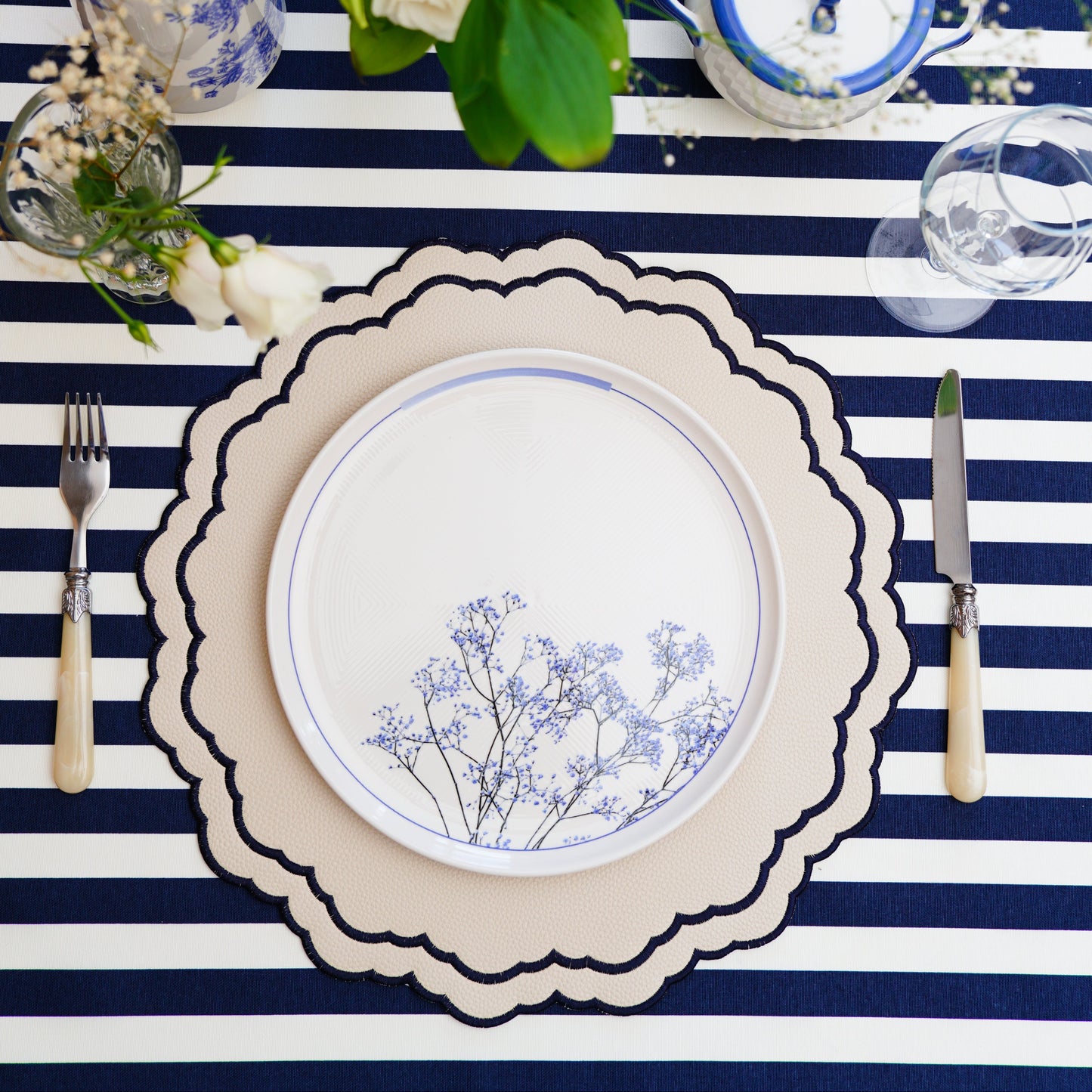 Premium blue & white rectangular tablecloth, custom made in an organic cotton-poly mix—water-repellent, stain-resistant, and event-ready. Ships fast from the USA.
