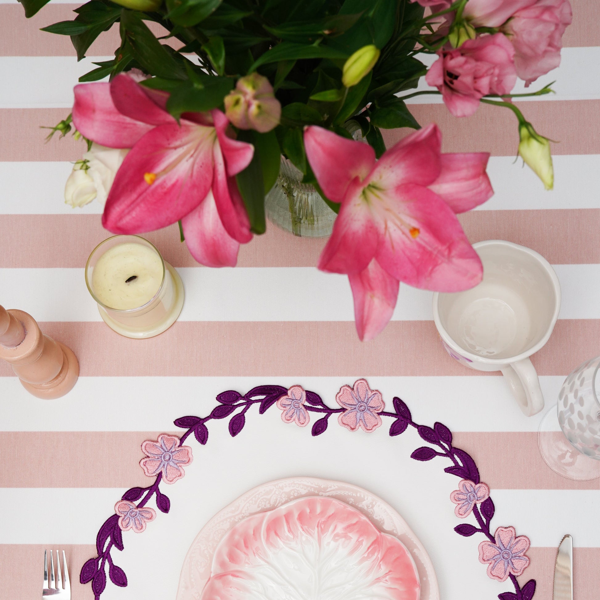 Elevate your table with a luxury pink & white custom tablecloth crafted from sustainable canvas—stain-resistant for effortless hosting, perfect for home or events. Ships fast from USA.