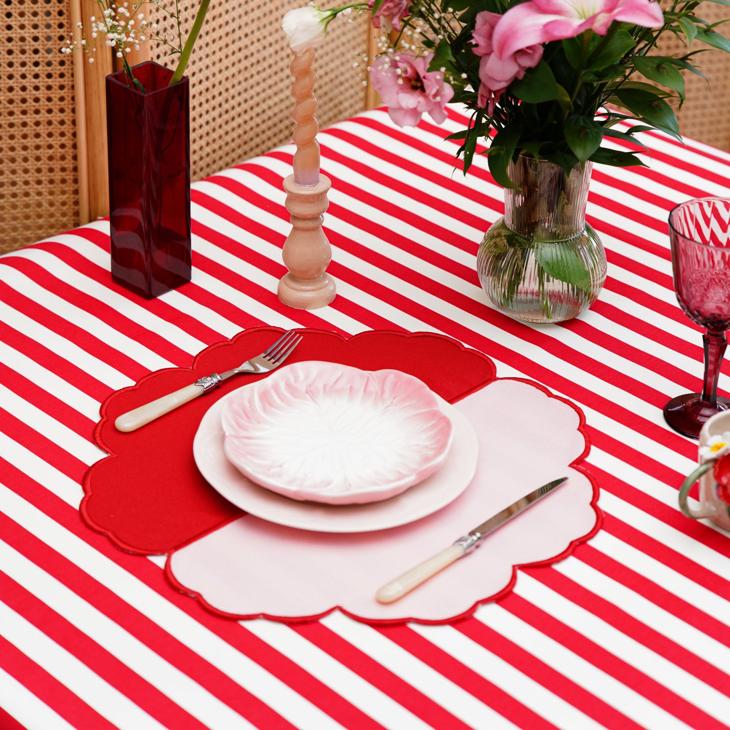 Upgrade your table with a made-to-order red & white rectangle tablecloth in an organic cotton-poly mix—easy-care, machine washable, perfect for modern gatherings. Ships fast in the USA.