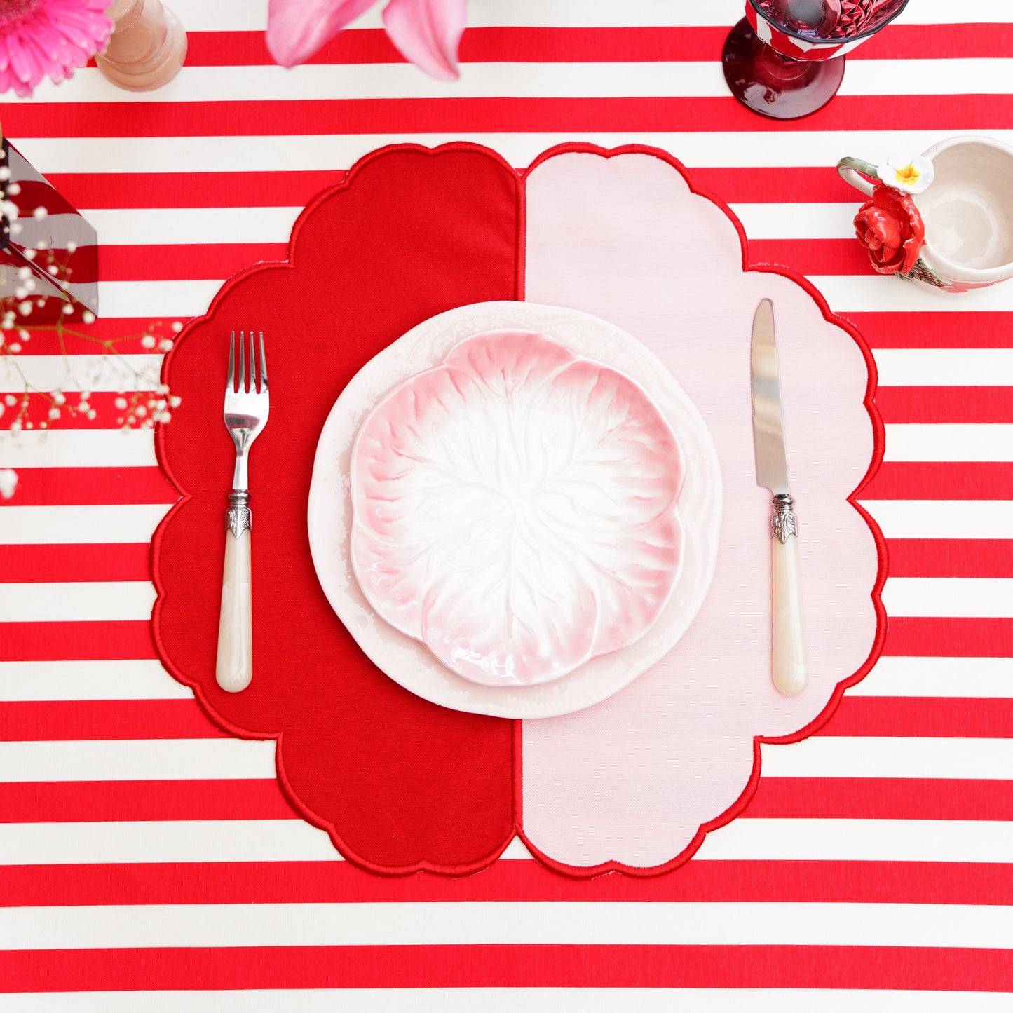 Modern red & white custom tablecloth in an organic cotton-poly blend—easy to maintain, machine washable, and event-ready for stylish dinners and gatherings. Fast USA shipping.
