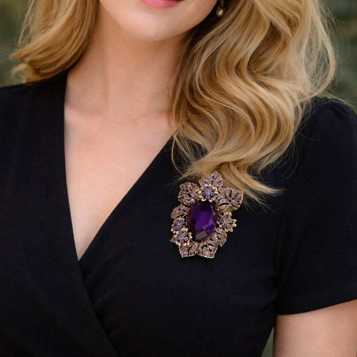 Close up of vintage style brooch with large amethyst purple crystal and antique gold floral leaves by PNR Decor ship from USA