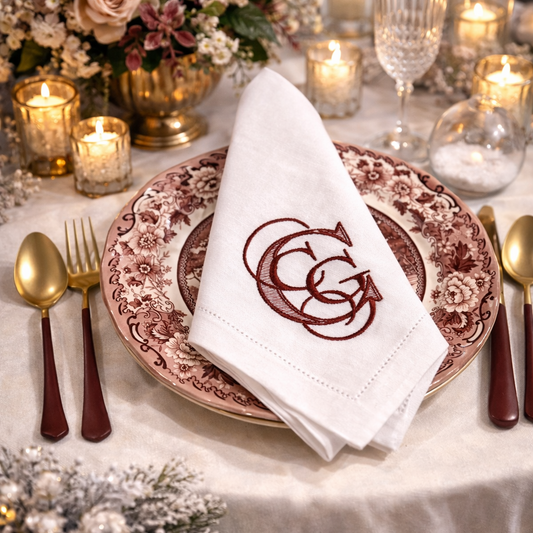 Elegant table setting featuring a white cloth napkin with custom burgundy monogram embroidery, placed on a vintage floral plate with gold flatware and romantic candlelight.