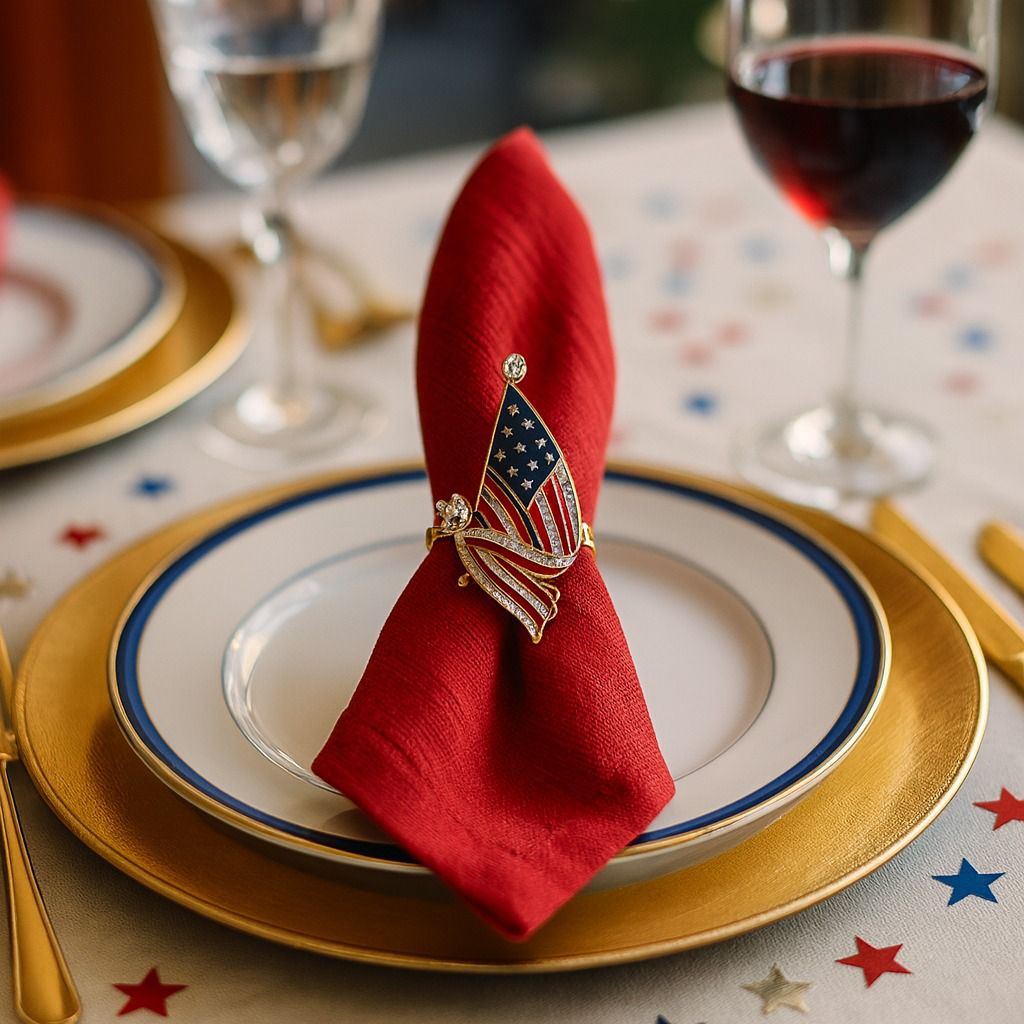 Front view of patriotic waving USA flag enamel napkin ring with dynamic stars and stripes design.