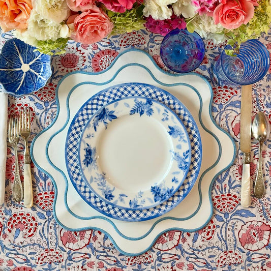 white and blue faux leather placemat
