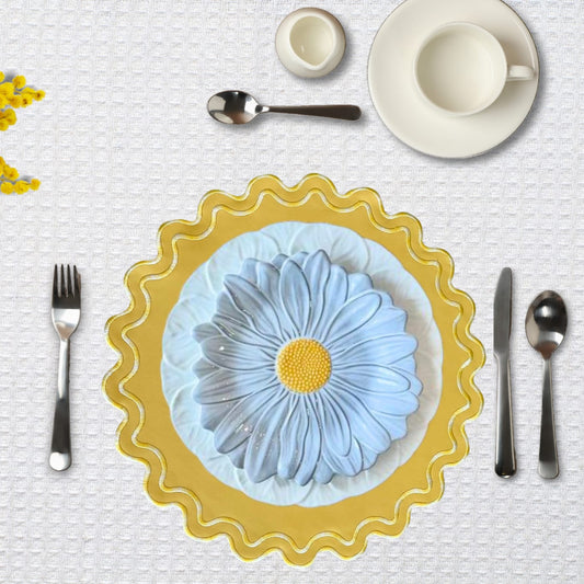 PNR Decor wholesale round scalloped faux leather placemat styled on an elegant wedding table