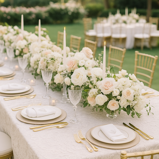 Double layered round placemat displayed in a formal wedding table setting
