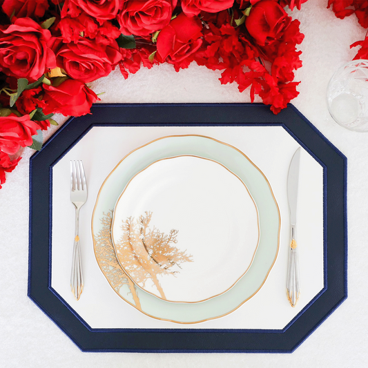 Zenvia octagon vegan leather placemat arranged in a formal dining setup