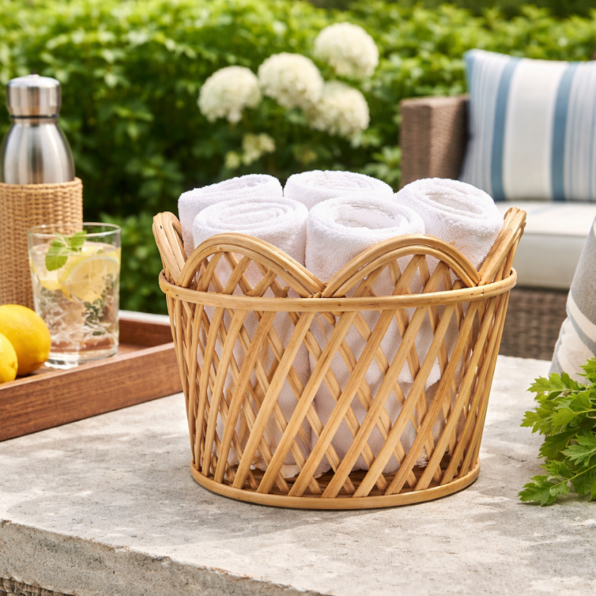 Natural Round Scalloped Lattice Rattan Planter