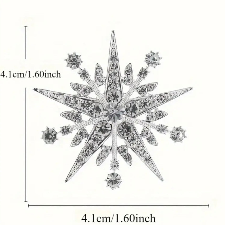 Close-up of the Winter Elegance starburst brooch showing pearl accents and crystal sparkle detail, Ship From USA, by Pnr Decor.
