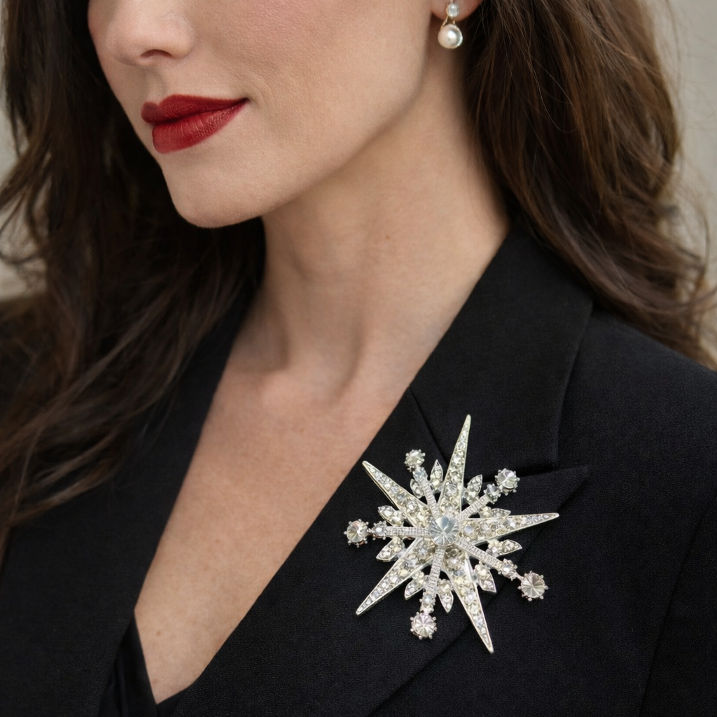 Winter Elegance starburst pearl and crystal brooch with sparkling rhinestones, elegant holiday jewelry, Ship From USA, by Pnr Decor.