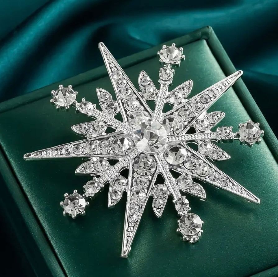 Starburst pearl and crystal brooch styled on a coat or scarf for a festive winter look, Ship From USA, by Pnr Decor.