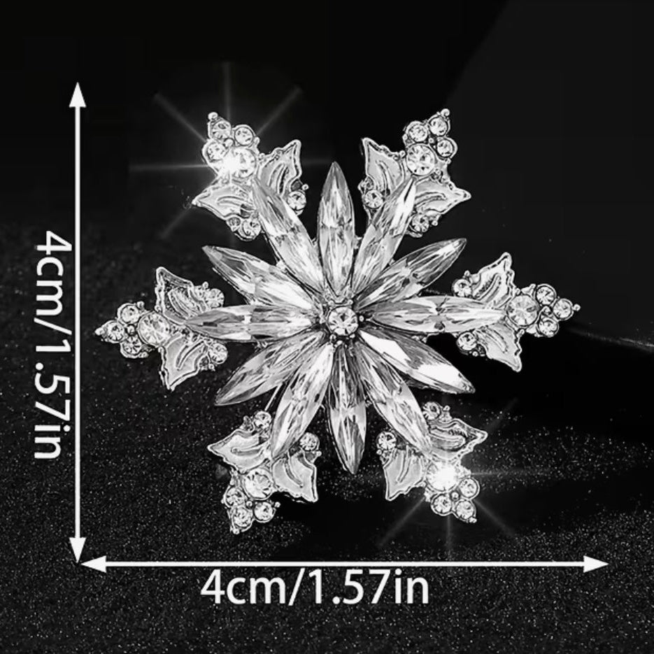 Close-up of the Winter Whisper snowflake brooch showing crystal detailing and icy sparkle, Ship From USA, by Pnr Decor.