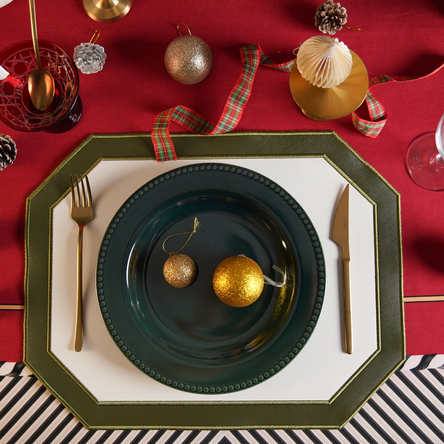 Zenvia Dark Green Octagon Faux Leather Placemat  – expertly handcrafted from eco-friendly, vegan faux leather with elegant embroidery and double-layered design, stain-resistant and durable. Exclusively by PNR Decor.