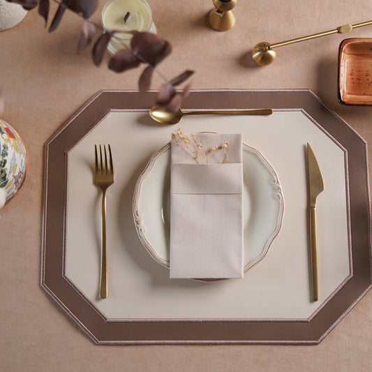 Zenvia Light Brown Octagon Faux Leather Placemat  – expertly handcrafted from eco-friendly, vegan faux leather with elegant embroidery and double-layered design, stain-resistant and durable. Exclusively by PNR Decor.