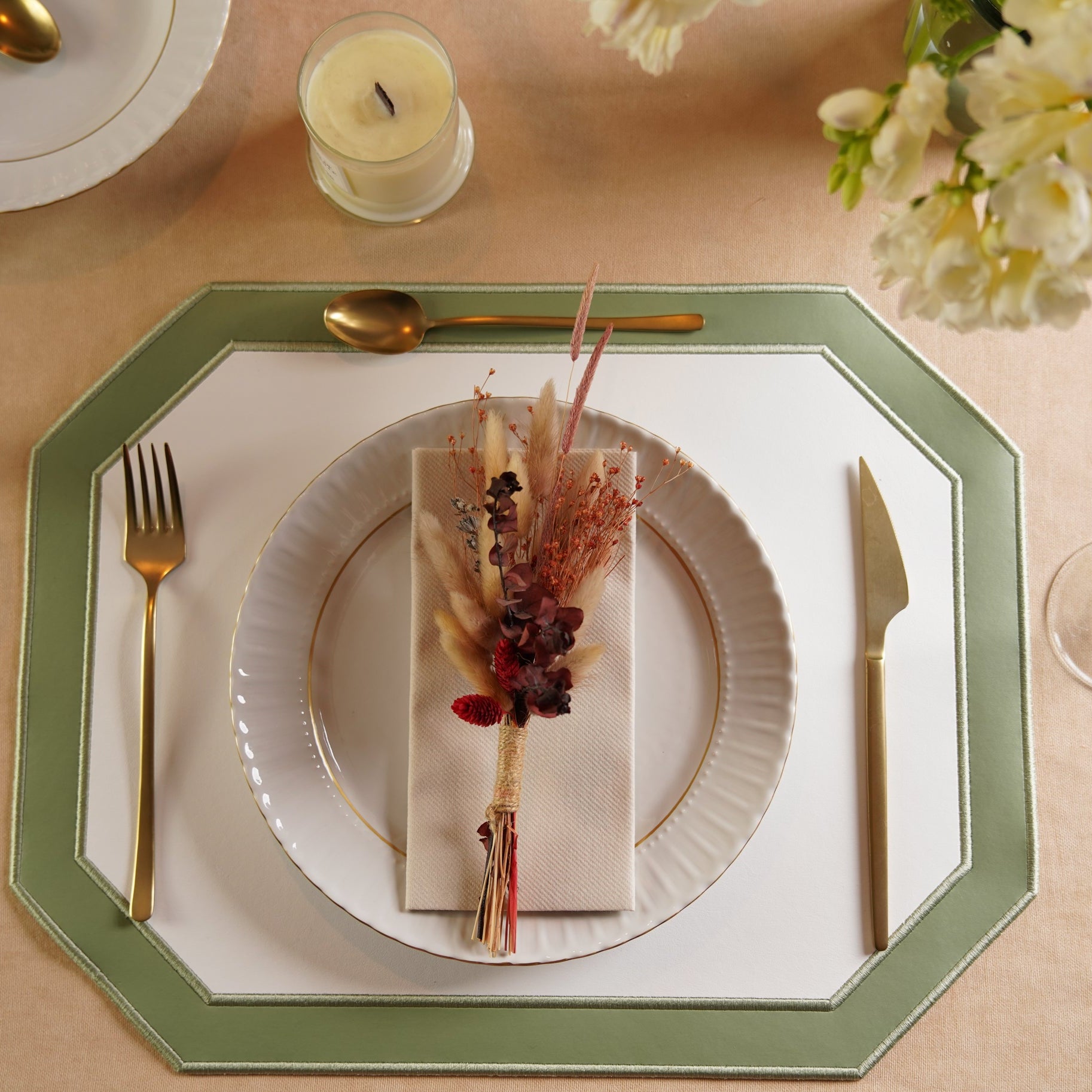 Zenvia Light Green Octagon Faux Leather Placemat  – close-up view showing the intricate embroidery, double-layer stitching, and premium vegan faux leather texture. Exclusively by PNR Decor.