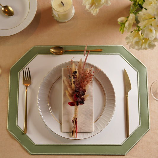Zenvia Light Green Octagon Faux Leather Placemat  – expertly handcrafted from eco-friendly, vegan faux leather with elegant embroidery and double-layered design, stain-resistant and durable. Exclusively by PNR Decor.